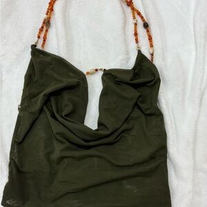 Edikted Olive Green Halter Top with Beaded Straps